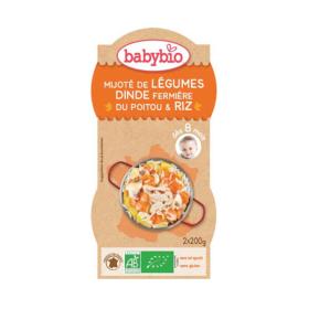 BABYBIO Bols mijoté de légumes dinde fermière du Poitou & riz 2x200g