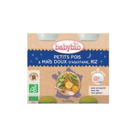 BABYBIO Petits pots petits pois maïs doux d'Aquitaine, riz 2x200g