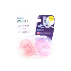 AVENT 2 sucettes ultra air rose et mauve avec motif 0-6 mois