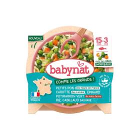 BABYBIO Babynat petits pois, carotte, épinard, potimarron vert, riz, cabillaud sauvage dès 15 mois assiette 200g