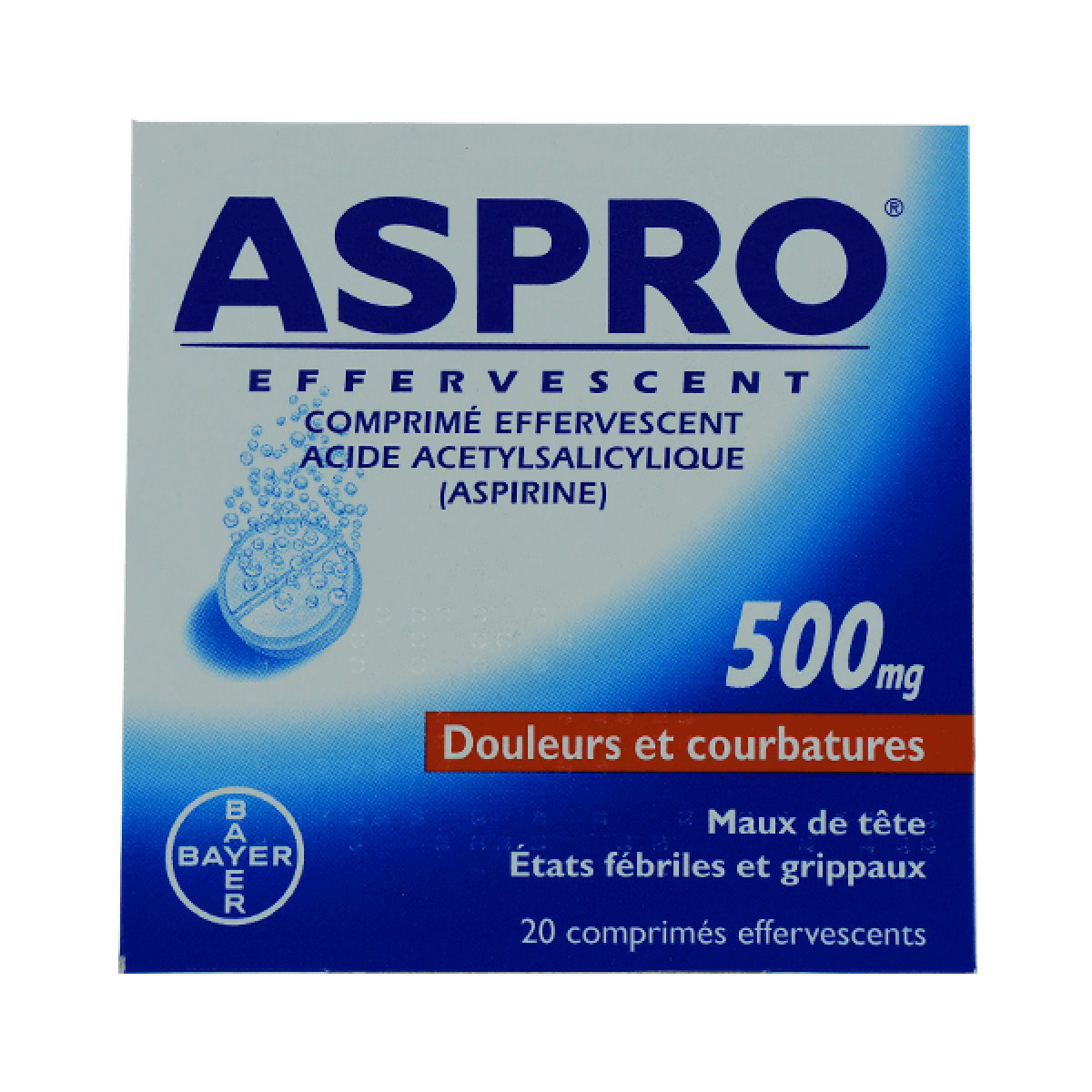 BAYER Aspro 500 effervescent 20 comprimés effervescents Médicaments